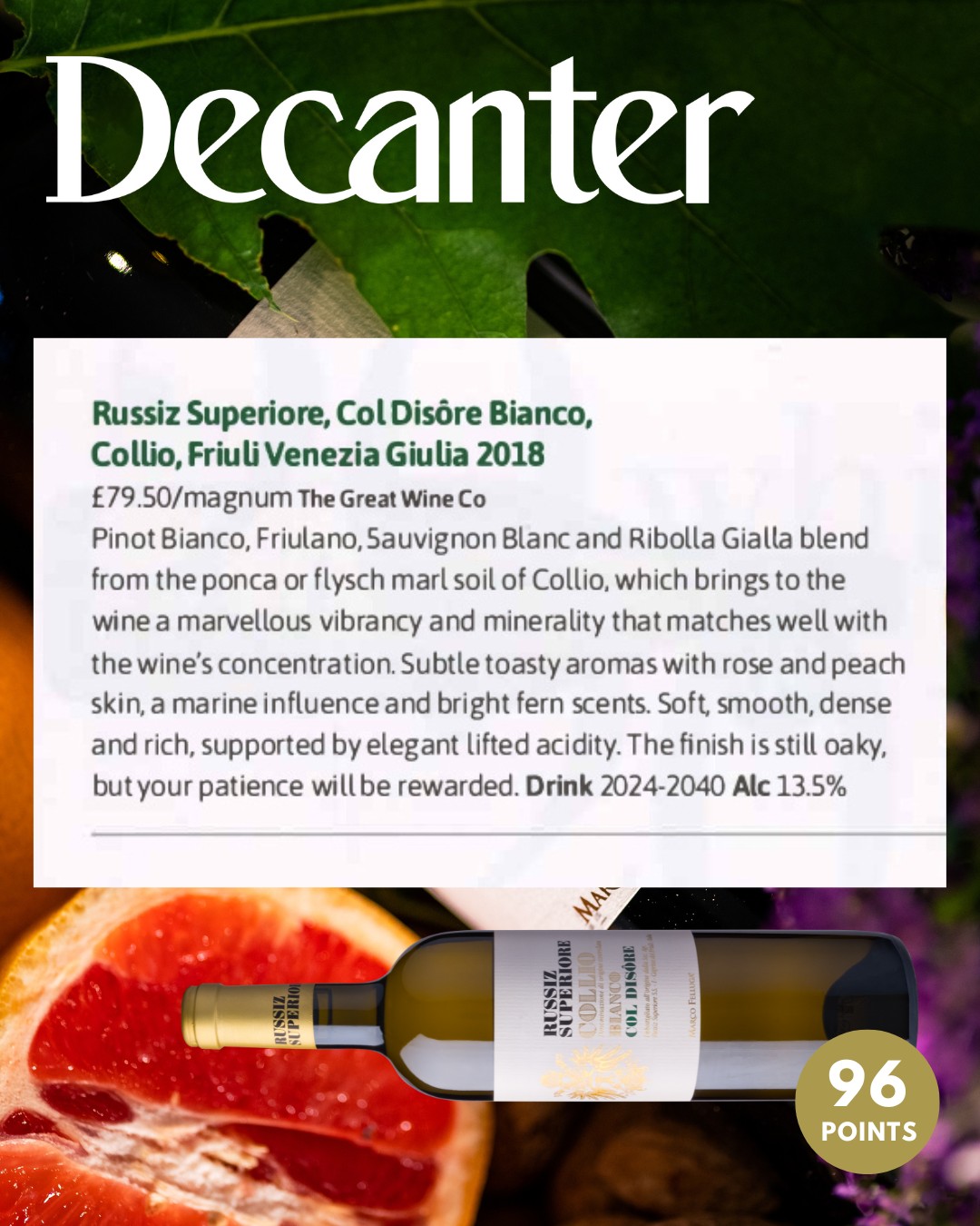 Decanter premia il Collio Bianco Col Disôre